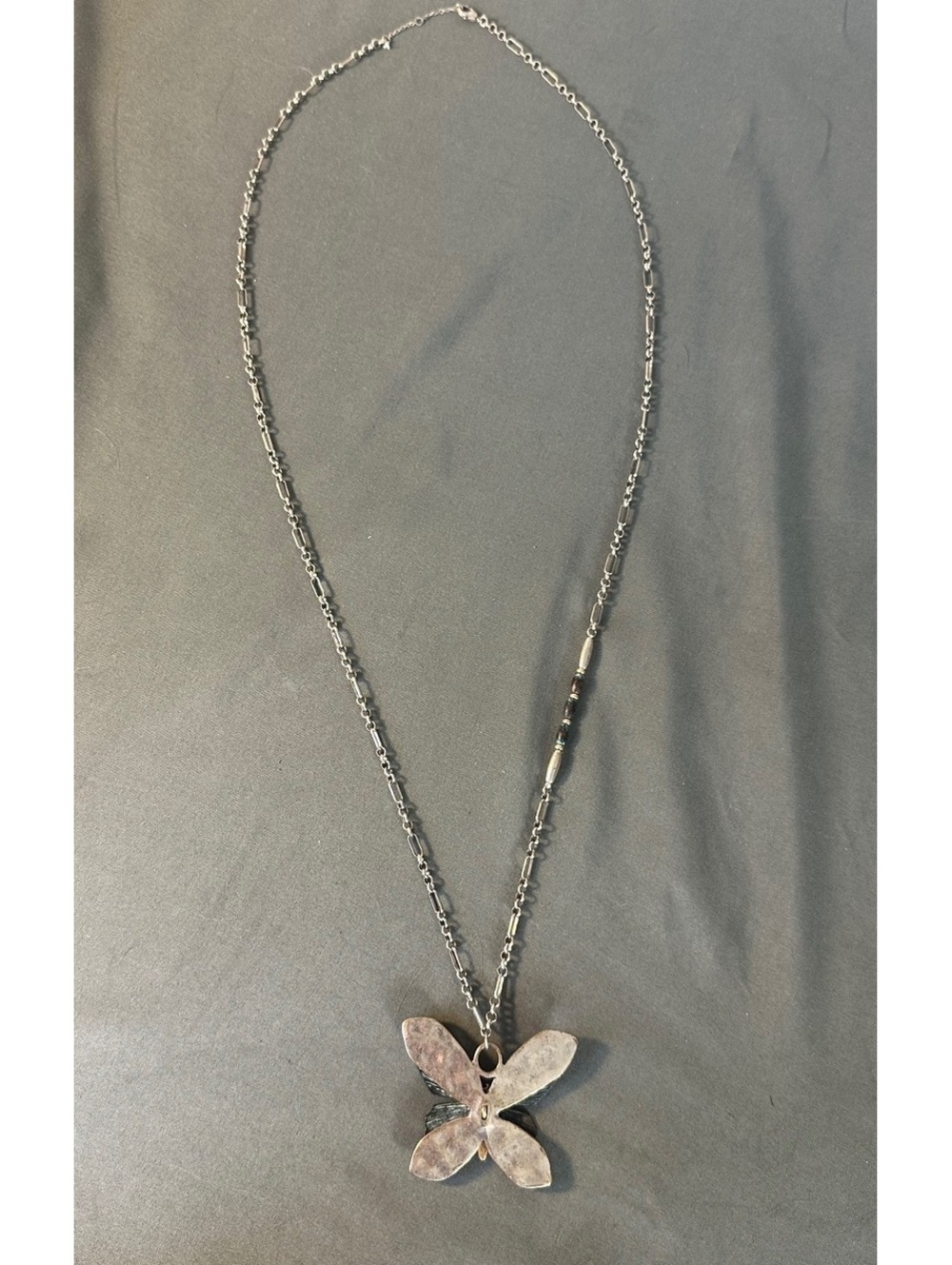 J. Jill Blue and Silver Butterfly Necklace With Beaded Chain Detail
